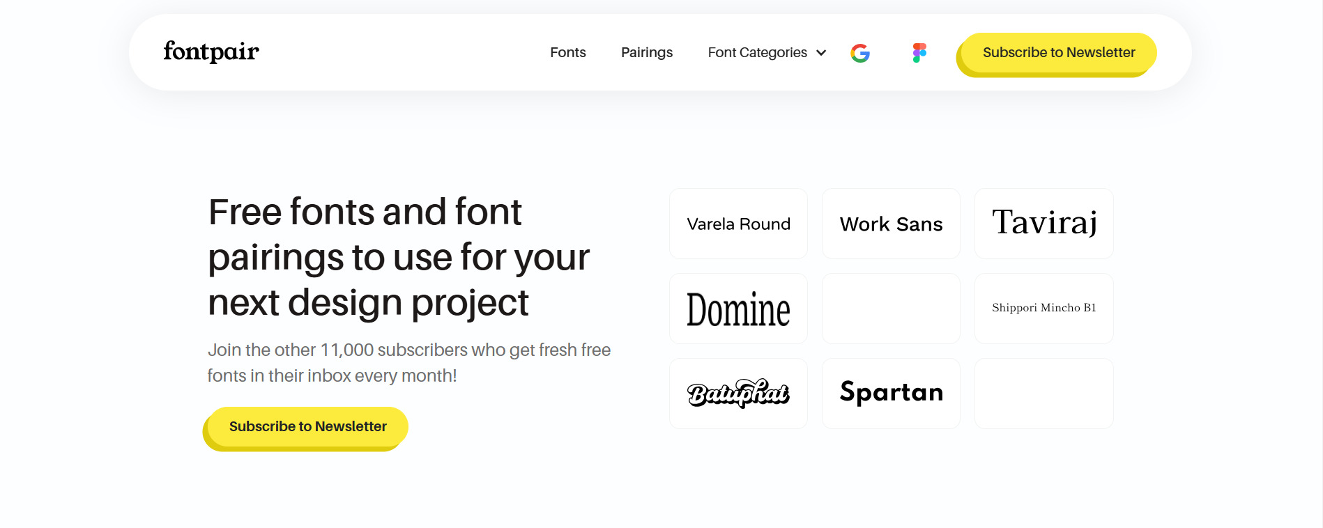 Imagem do site Fontpair, com fundo branco, apresenta combinações gratuitas de fontes como Varela Round e Work Sans, além de um convite para inscrição em uma newsletter sobre fontes.