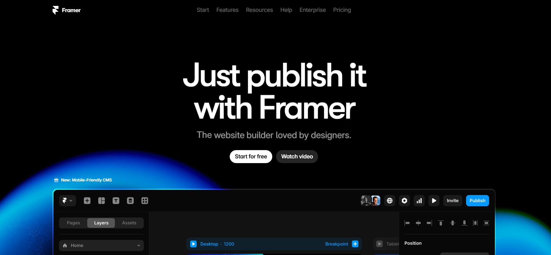 Imagem do site do Framer, com um fundo escuro e o texto "Just publish it with Framer", promovendo sua ferramenta de criação e publicação de sites voltada para designers.