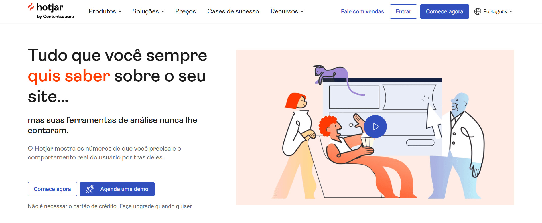 Na parte superior, o Hotjar, promete revelar "Tudo que você sempre quis saber sobre o seu site... mas suas ferramentas de análise nunca lhe contaram". Inclui uma ilustração de pessoas analisando dados e destaca que não é necessário cartão de crédito para começar.