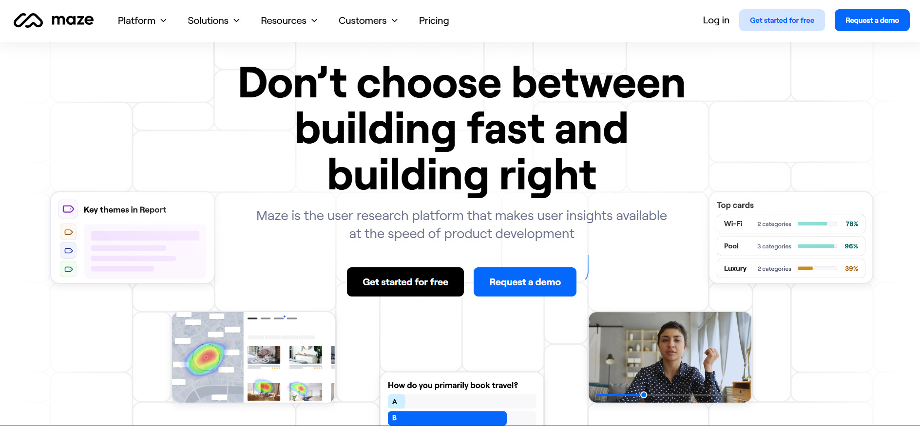 A imagem apresenta o Maze, com interface em inglês, destaca seu slogan "Don't choose between building fast and building right" e se apresenta como plataforma de pesquisa que disponibiliza insights no ritmo do desenvolvimento de produtos. A interface mostra exemplos de análises e mapas de calor.