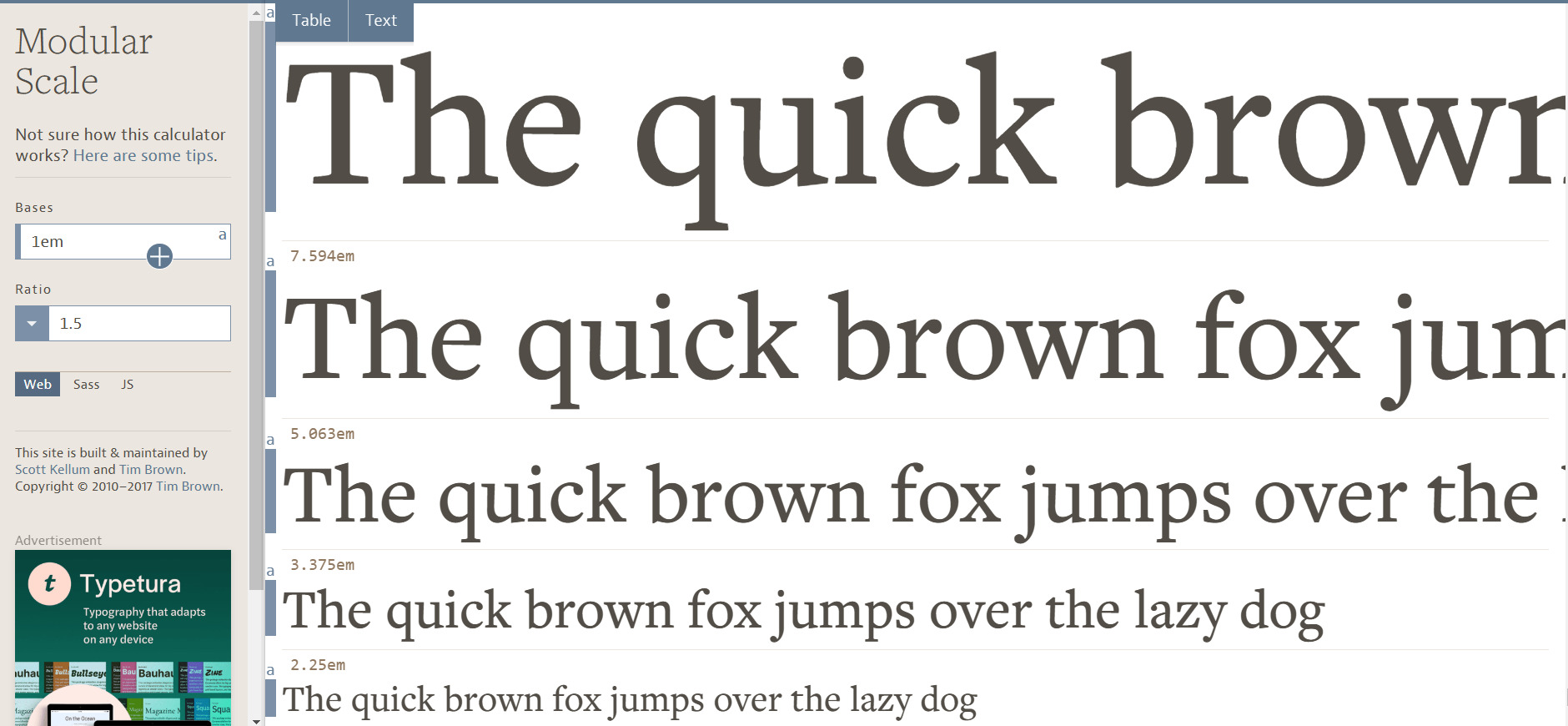 Imagem do Modular Scale que mostra uma calculadora que utiliza proporções matemáticas para definir tamanhos de texto harmoniosos, exibindo diferentes variações do trecho "The quick brown fox jumps over the lazy dog" em uma escala modular ajustável.
