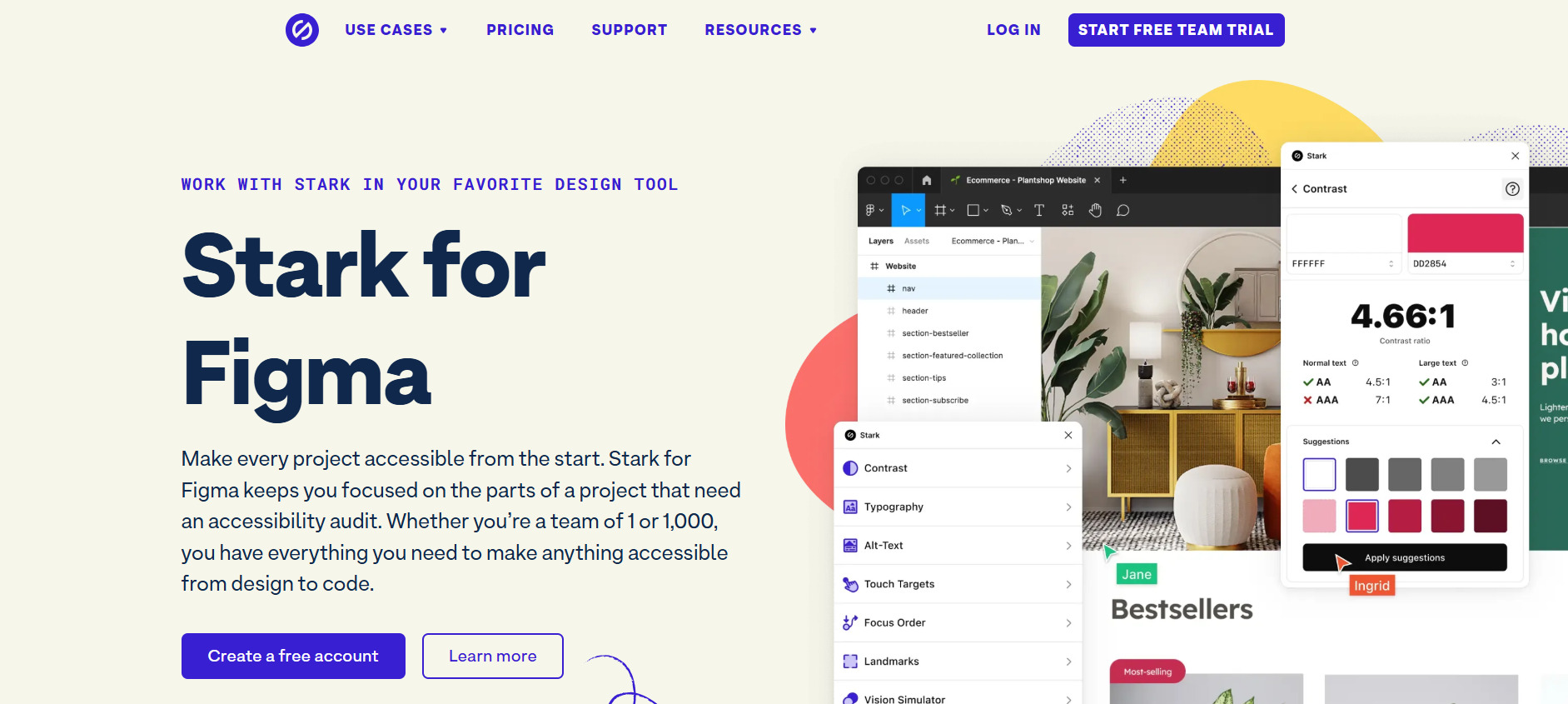 Imagem do "Stark for Figma", um plugin que auxilia designers a criar projetos acessíveis, oferecendo verificações de contraste e outras funcionalidades para garantir acessibilidade desde o início do processo de design.