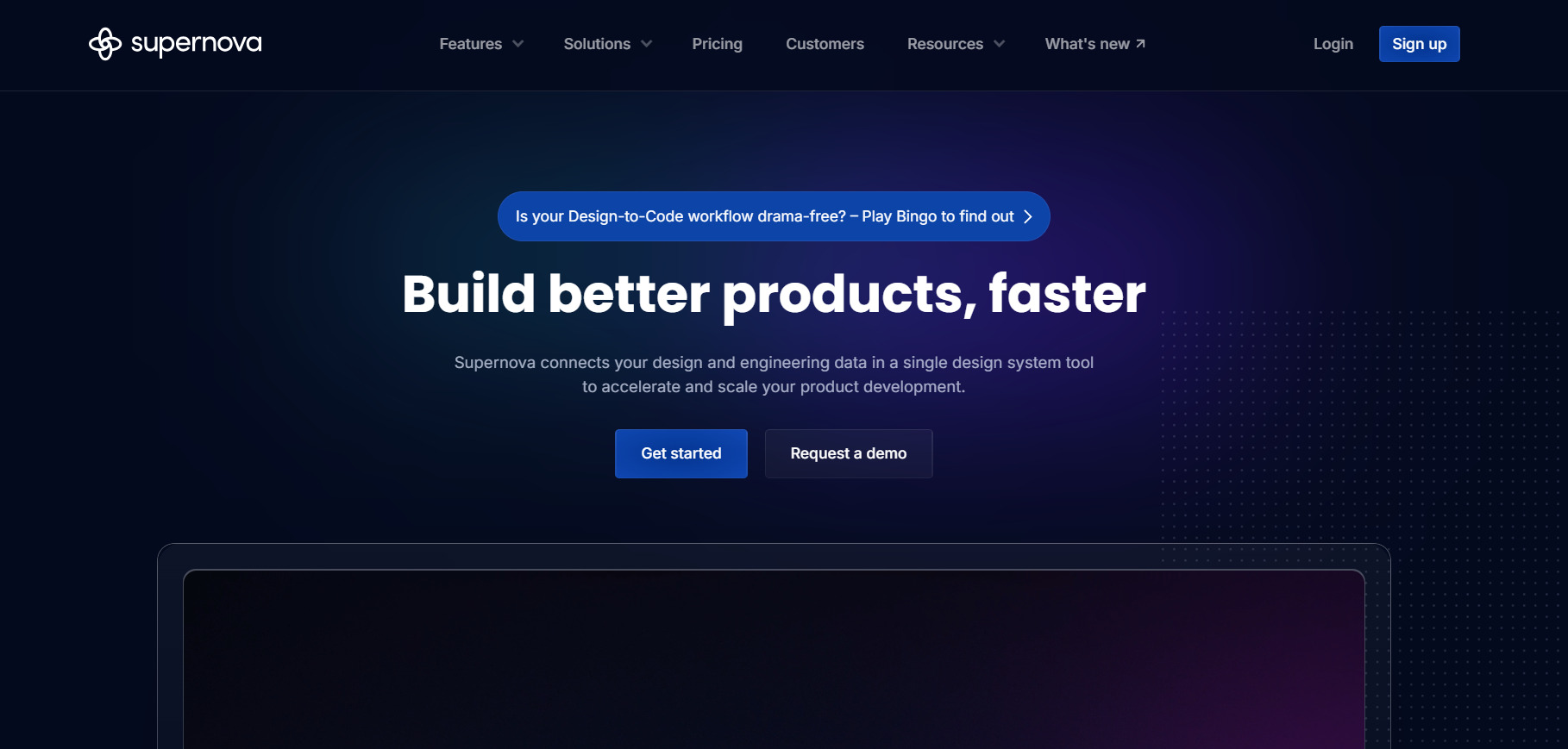 Imagem do site do Supernova, exibindo um fundo escuro e apresentando a proposta de conectar design e engenharia para acelerar o desenvolvimento de produtos, com o texto "Build better products, faster."