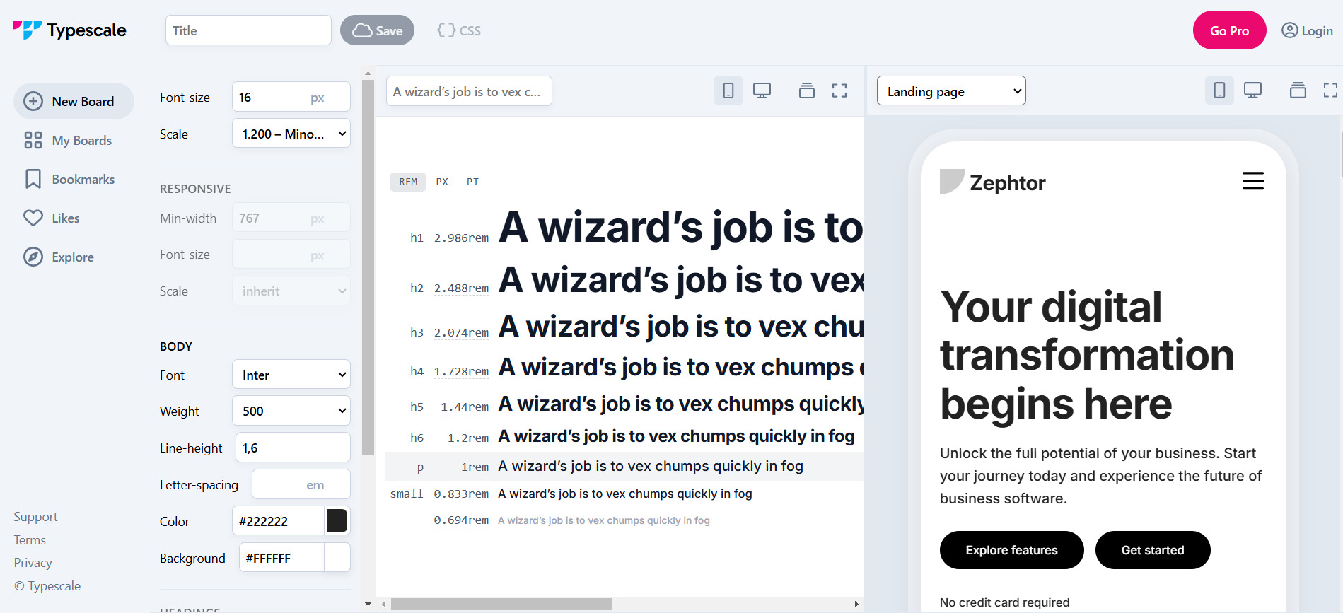 A imagem apresenta uma ferramenta para definir escalas tipográficas. O Typescale exibe uma interface com opções para configurar tamanhos de fonte, peso, espaçamento e hierarquia tipográfica, além de uma pré-visualização responsiva aplicada a um layout de página.