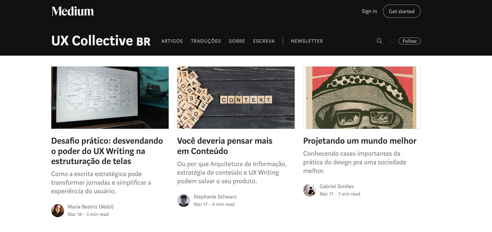 A imagem mostra a página do "UX Collective BR" em português, com três artigos sobre UX Writing, arquitetura de informação e design social.
