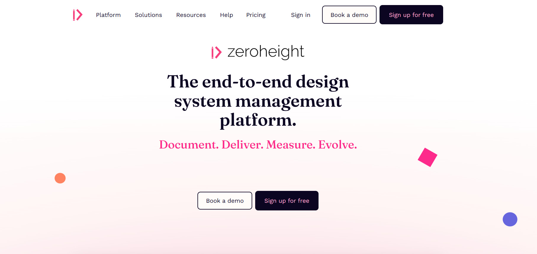 A imagem exibe a página inicial do Zeroheight. O site possui um fundo claro e destaca sua plataforma de gerenciamento de design systems com o slogan "Document. Deliver. Measure. Evolve."