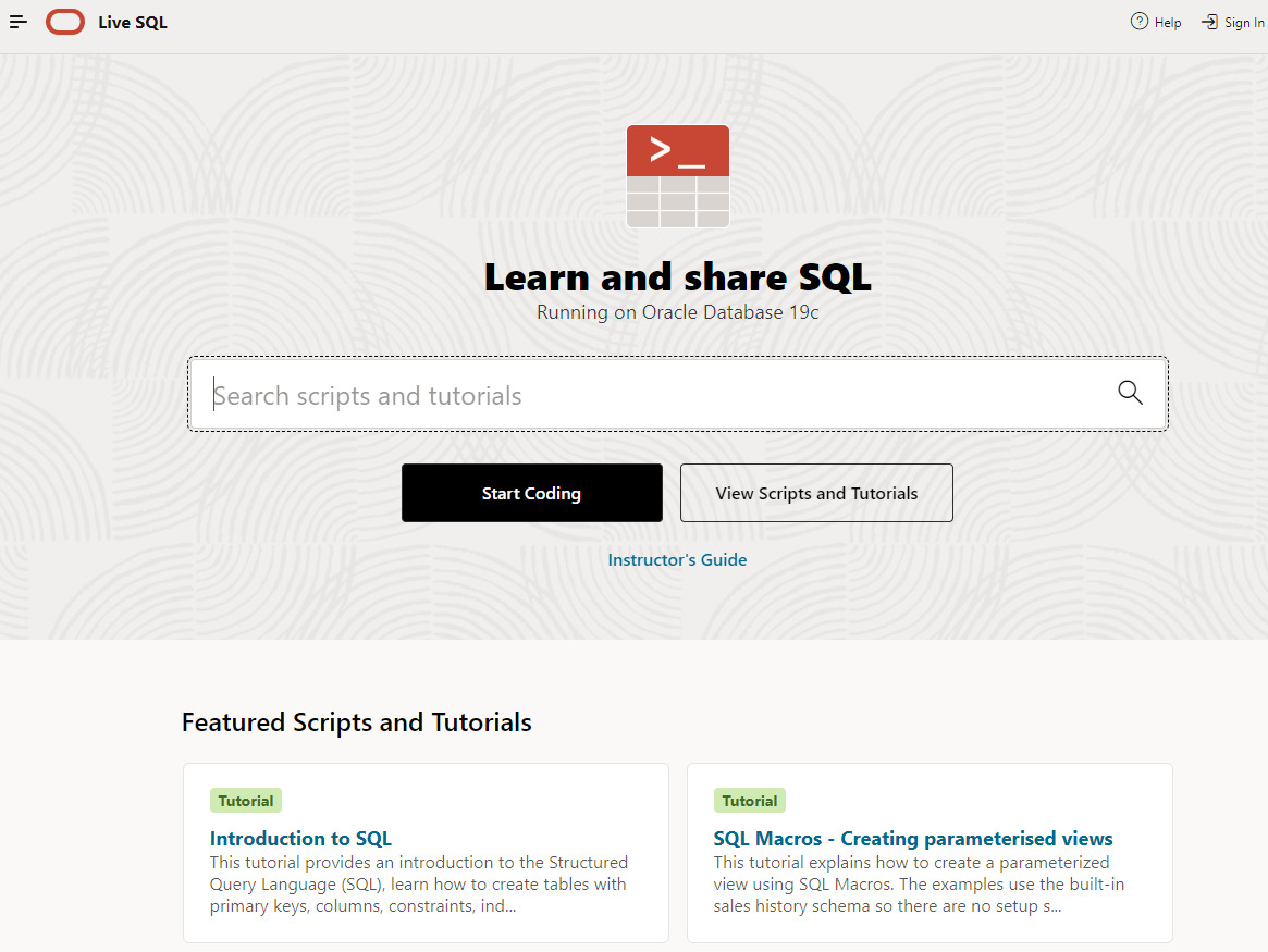 A imagem mostra uma página da web do Live SQL da Oracle, uma plataforma online criada para aprender e compartilhar SQL. A parte central da página apresenta uma barra de pesquisa para encontrar scripts e tutoriais, acompanhada de um botão "Start Coding" e um link para visualizar scripts e tutoriais.