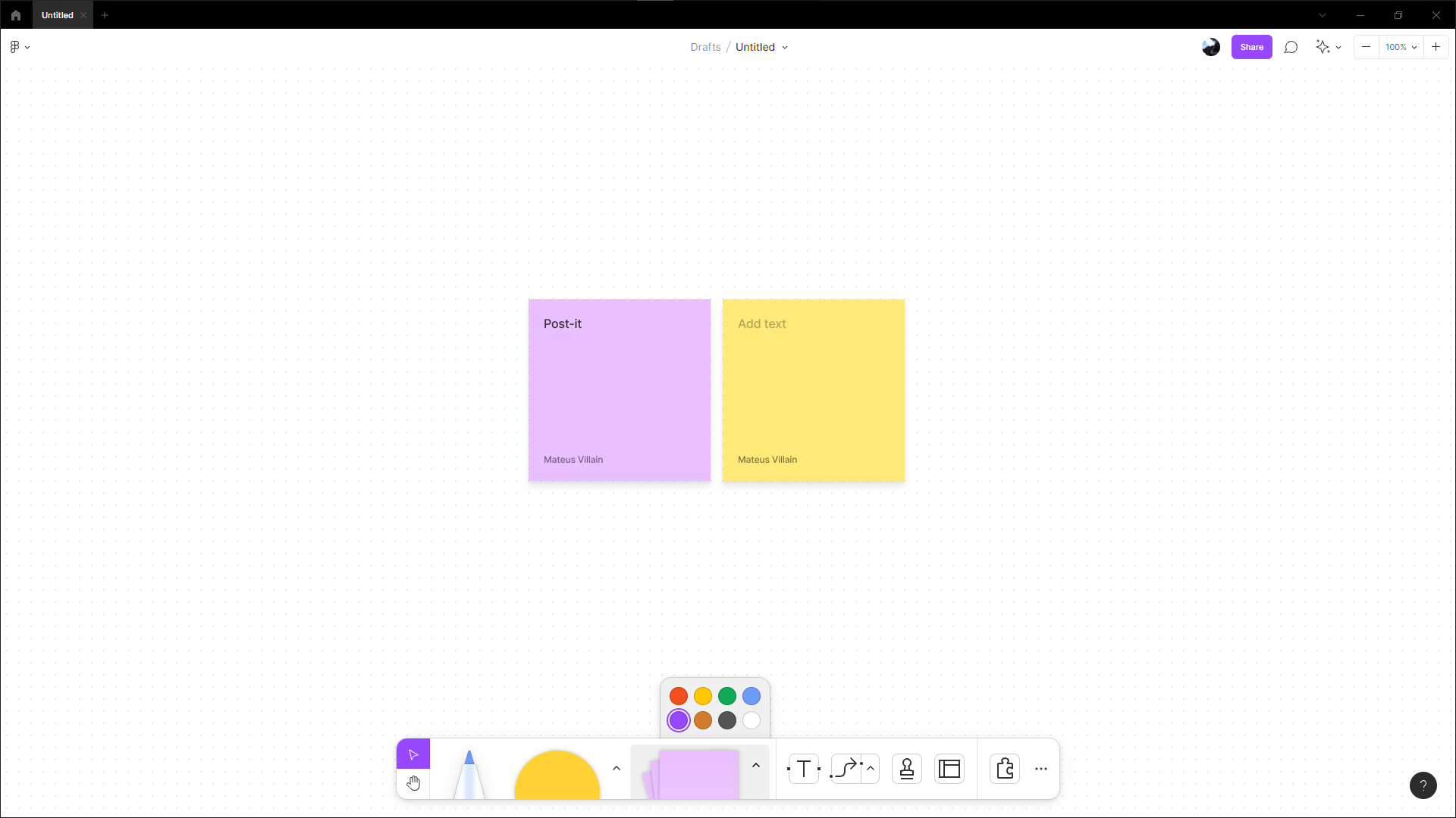 alt text: tela do FigJam com duas notas adesivos quadradas, uma roxa e uma amarela. Logo abaixo no menu central inferior, o botão de notas adesivas está destacado possibilitando escolher a cor da nota adesiva.