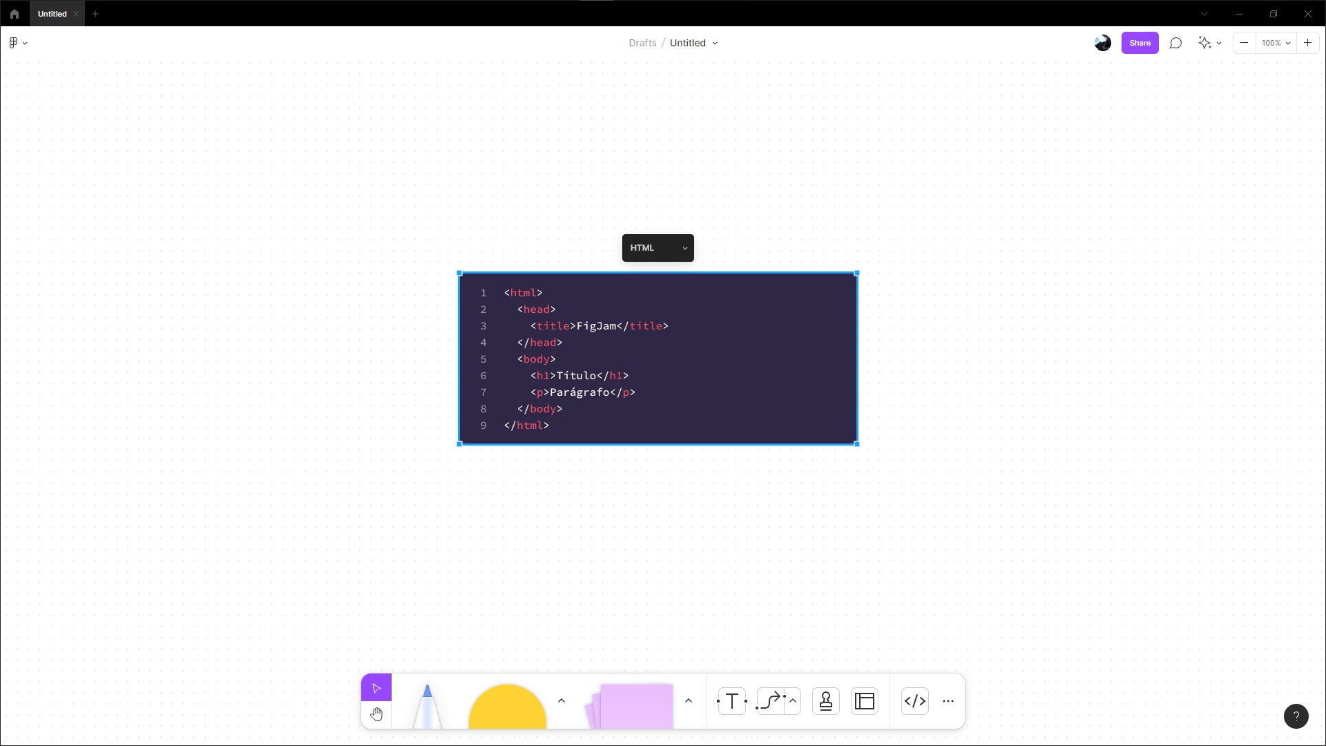 Tela do FigJam com uma pequena tela de programação ao meio, mostrando alguns códigos e textos coloridos.