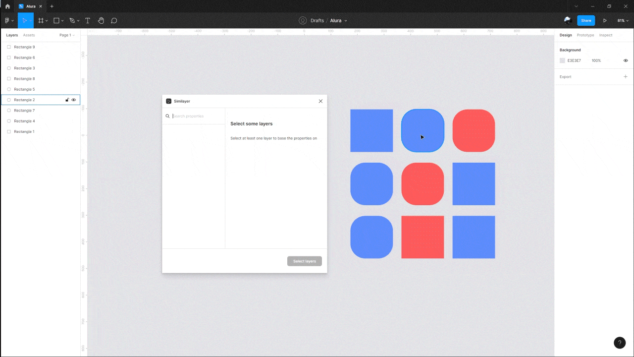 GIF animado mostrando a área de design no Figma que contém 3 quadrados azuis normais, três quadrados azuis com cantos arredondados, um quadrado vermelho normal e dois quadrados vermelhos com cantos arredondados. Em seguida, é usado o plugin Similayer com as especificações de cor azul e canto arredondado em 56 pixels, e ele seleciona os três quadrados azuis com cantos arredondados.