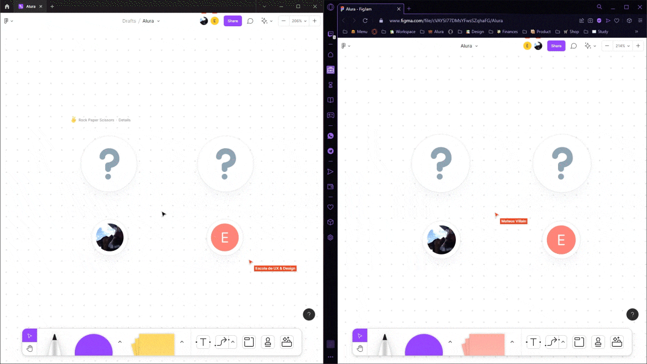 GIF animado em que do lado esquerdo está uma conta no Figma e seleciona a opção de “tesoura” no game, e do lado direito outra conta, em que o oponente seleciona a opção de papel, ambas mostram imagens de mãos representando o jogo pedra, papel e tesoura.