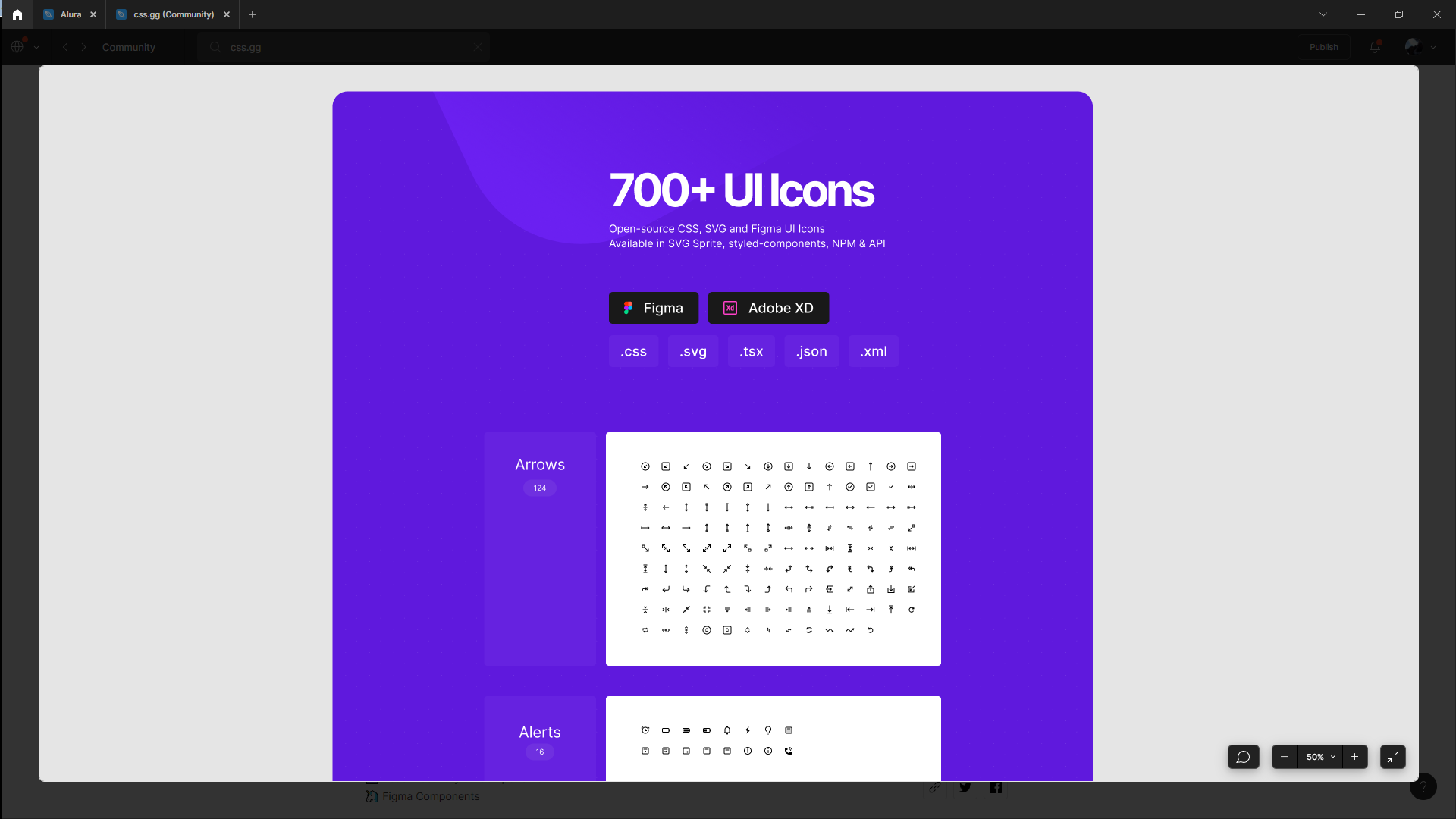 Imagem mostrando alguns dos ícones do css.gg na página de Comunidades do Figma.