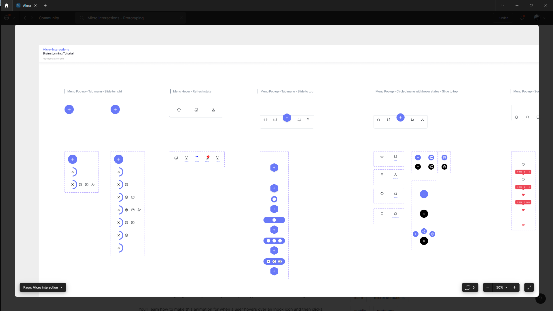 Imagem mostrando algumas microinterações com carregamentos e botões na página de Comunidades do Figma.