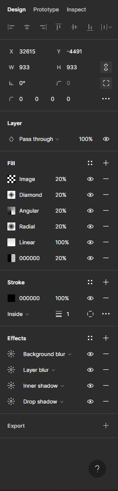 Print da área de design do Figma, mostrando as seções de Posição, Layer, Fill, Stroke, Effects e Export.