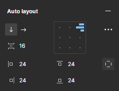 Print da seção de Auto layout no Painel de Design, sinalizando que o elemento está na posição vertical, com 16 pixels de espaçamento entre os itens, 24 pixels de padding para cada um dos quatro lados, e seu alinhamento está no canto superior direito.