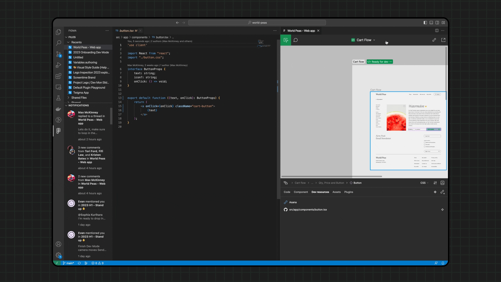 GIF contendo um exemplo de como utilizar a extensão do Figma no VS Code.