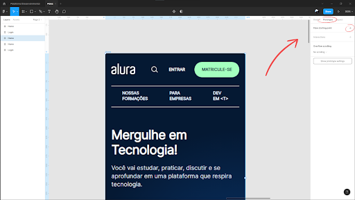 Interface do site da Alura versão para celulares, com uma flecha apontando para a o ponto em que está circulado o menu “Prototype”, e logo abaixo, o botão com símbolo de “mais” para criar um flow #inset