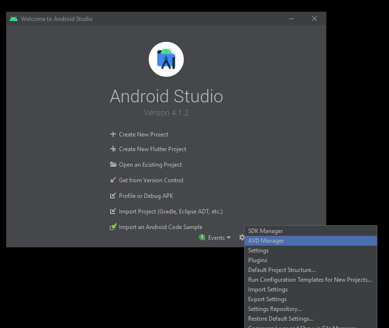 Launcher do Android Studio com o menu do Configure aberto selecionando a opção AVD manager