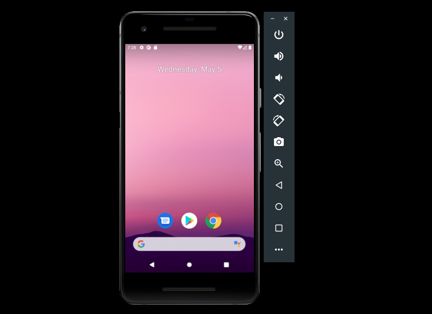 Imagem do emulador Android aberto, muito semelhante a um smartphone convencional, com uma barra de ferramentas na lateral direita