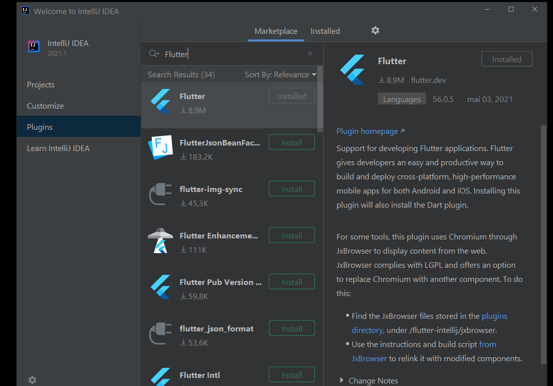 Imagem da instalação do plugin do Flutter no marketplace do Intellij Idea