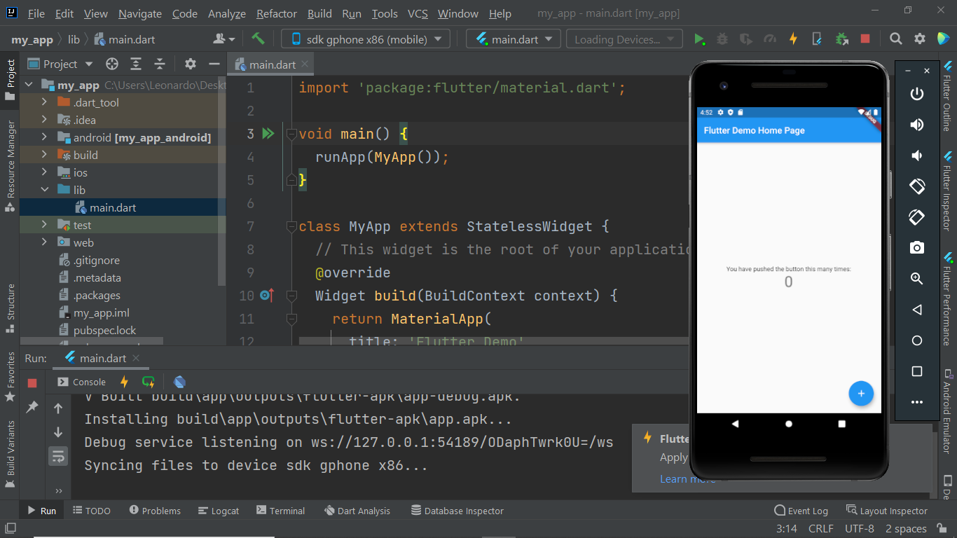 Imagem do Intellij Idea com o código Flutter aberto e o emulador exibindo o app que criamos