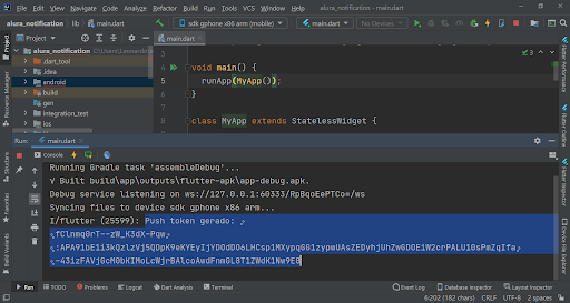 Push token recebido pelo aplicativo através do FCM e exibido no terminal do Intellij