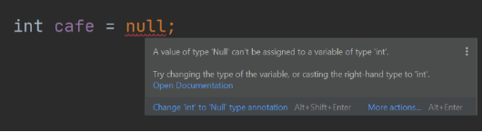 código int cafe = null exibindo a mensagem que avisa que o valor não pode ser nulo