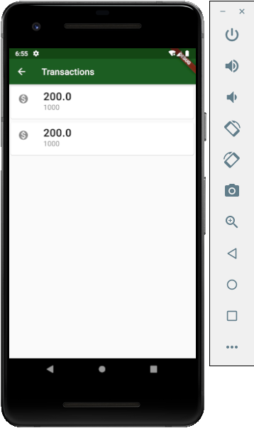 Imagem da lista de transações no aplicativo, exibindo duas transações de $200 para a conta número 1000