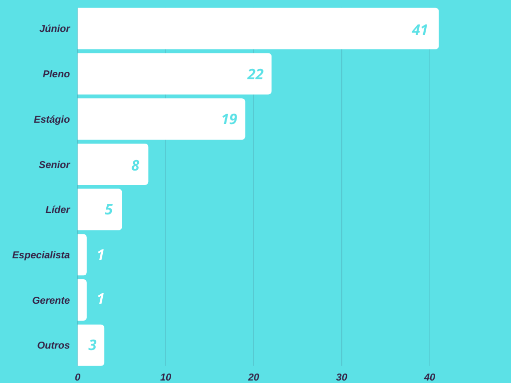 Gráfico que mostra o estágio de desenvolvimento profissional e quantas pessoas há em cada um deles. No eixo vertical, temos os nomes dos cargos: júnior, pleno, sênior, líder, especialista, gerente e outros. No eixo horizontal, temos o número de pessoas de cada estágio. O gráfico mostra que, entre as pessoas que responderam a pesquisa, 41 profissionais são júniors, 22 são plenos, 19 fazem estágio, 8 são seniors, 5 são líderes, 1 é especialista, 1 é gerente e o nível “outros” corresponde a 3 pessoas.