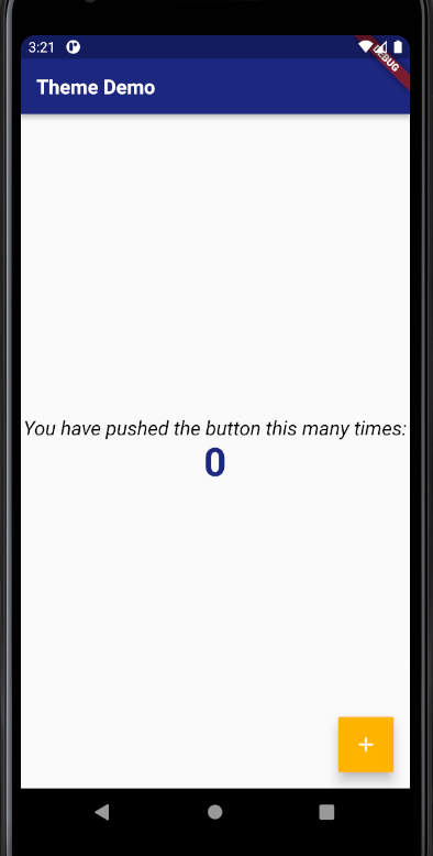 Imagem de projeto padrão de Flutter, mas agora estilizado, com uma barra de cabeçalho azul índigo, uma mensagem em itálico, um número no centro em negrito e em cor azul índigo, e um botão quadrado e amarelo no fundo à direita.