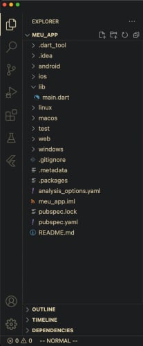 Imagem que mostra a estrutura de arquivos no Flutter na interface do Visual Studio, além de botões e opções de configurações adicionais