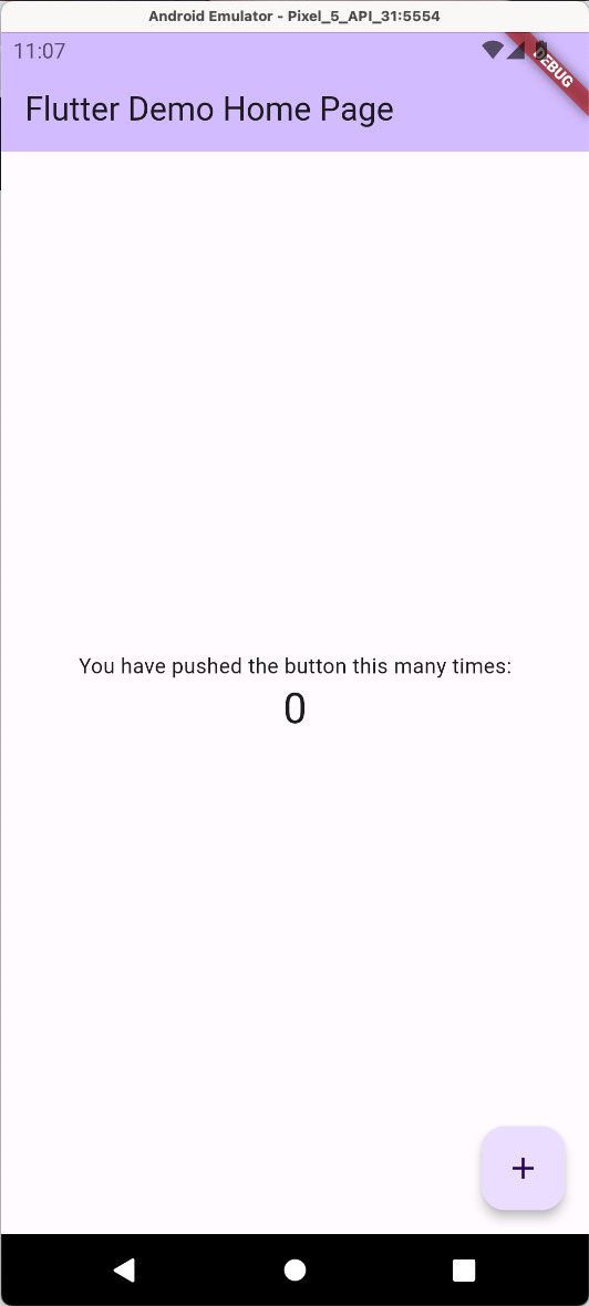 Imagem que mostra o print de uma tela em branco com uma barra azul no topo onde está escrito "Flutter Demo Home Page", o que pode ser traduzido como “Página inicial de demonstração do Flutter”. No meio da página, há o texto "You have pushed the button this many times: 0", o que, em português, significada “Você apertou esse botão tantas vezes: zero. No canto inferior direito do dispositivo, existe um botão azul com o sinal de adição ou sinal de "mais".