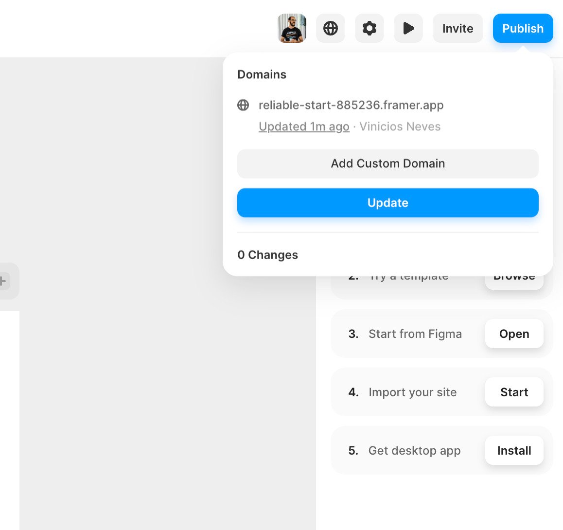 Interface de usuário mostrando a configuração de domínio para um site no Framer, com opções para adicionar um domínio personalizado, atualizar o site, e publicar. O nome do domínio exibido é reliable-start-885236.framer.app.