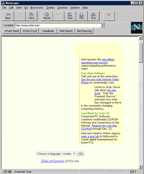 Gif mostrando a interface do site da Intel na década de 90, utilizando o navegador mais popular da época, o Netscape.