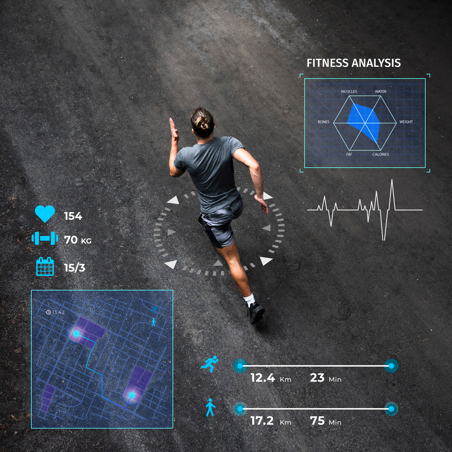 Imagem de um homem realizando uma corrida. Há elementos na cor azul que compões a imagem, sendo eles mapa, ícones, e gráficos.