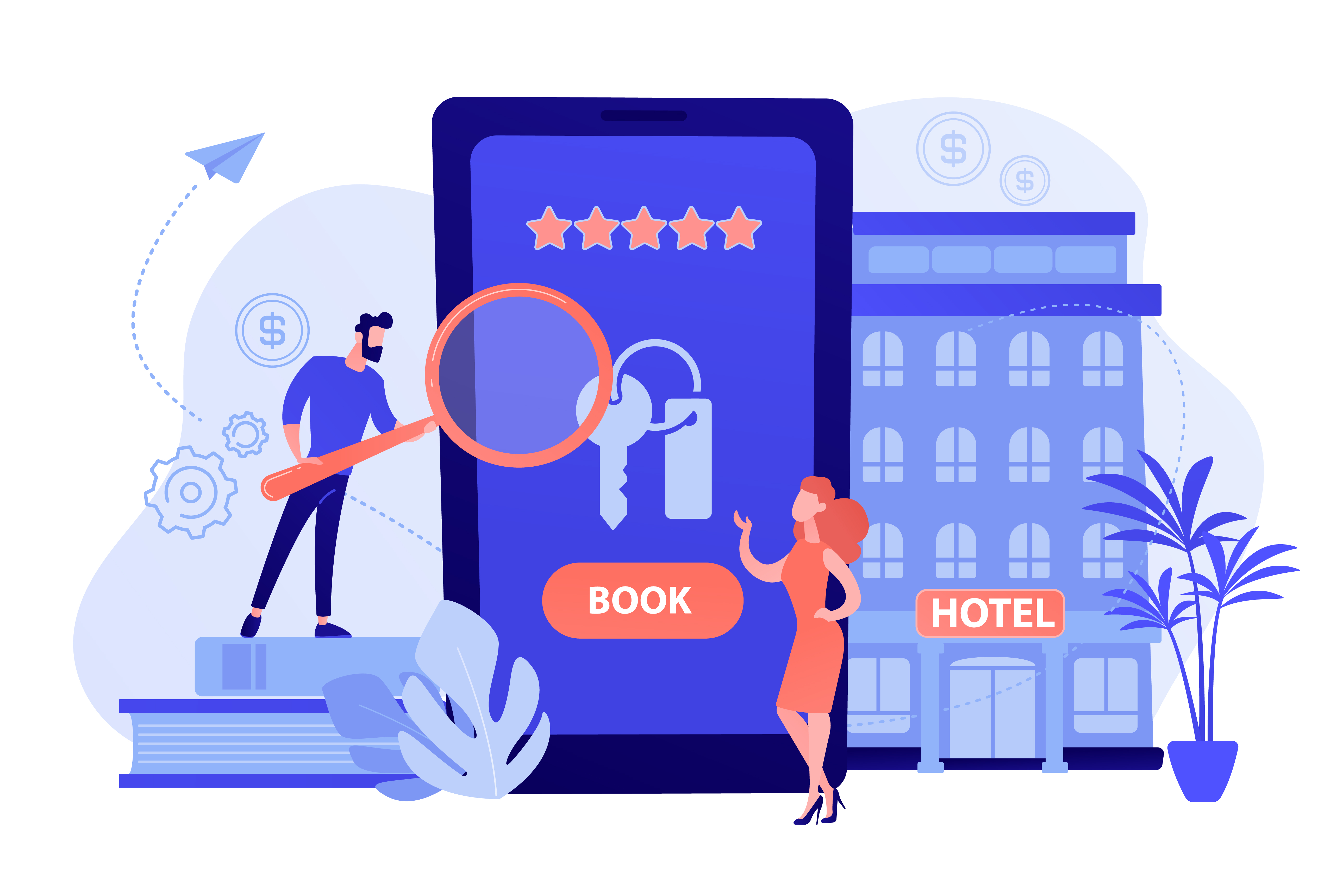 Ilustração de um celular centralizado na tela com duas pessoas explorando um aplicativo. Ao fundo, um hotel.