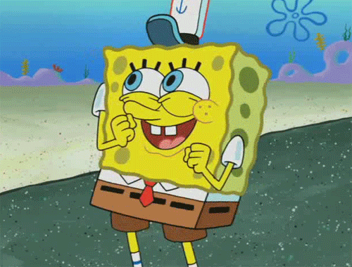Bob Esponja muito feliz, com um grande sorriso e braços próximos ao rosto, transmitindo entusiasmo. O fundo é o cenário subaquático do desenho.