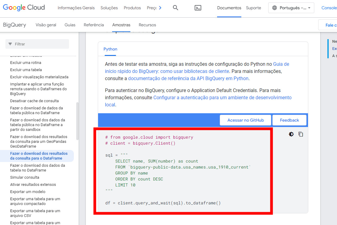 Print da documentação do BigQuery, retângulo vermelho destacando código Python com a integração entre BigQuery com Python carregando dados em um Pandas DataFrame.