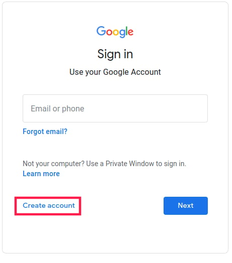 Tela de login para entrar ou criar uma conta Google.
