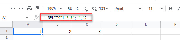 Parte superior da página do Google Sheets mostrando a fórmula =SPLIT(“1,2,3; “,”), destacada por um retângulo vermelho. Abaixo da fórmula é apresentada as colunas A, B, C, D, E e F, respectivamente, e as linhas 1 e 2. A célula A1 está destacada com um retângulo na cor azul e apresenta o número 1. As células B1 e C1 apresentam os números 2 e 3, respectivamente.