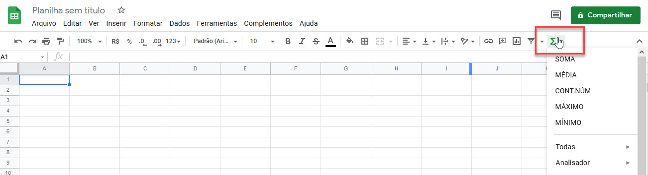 Página do Google Sheets mostrando, na parte superior, as abas: arquivo, editar, ver, inserir, formatar, dados, ferramentas, complementos e ajuda. Abaixo das abas é apresentado, no lado direito, o botão funções destacado por um retângulo vermelho.