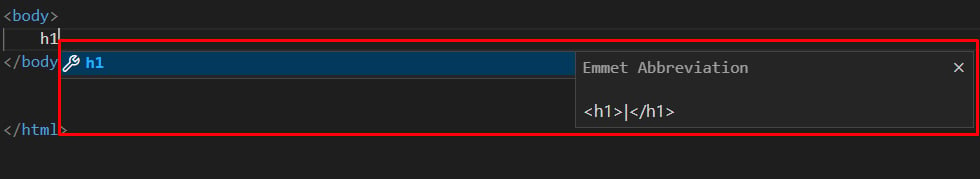 Imagem retirada dentro do VS Code. Possui um fundo preto, textos em azul e em branco. Na imagem aparece em destaque um retângulo em vermelho mostrando a funcionalidade de abreviações e autocompletar do Visual Studio Code.