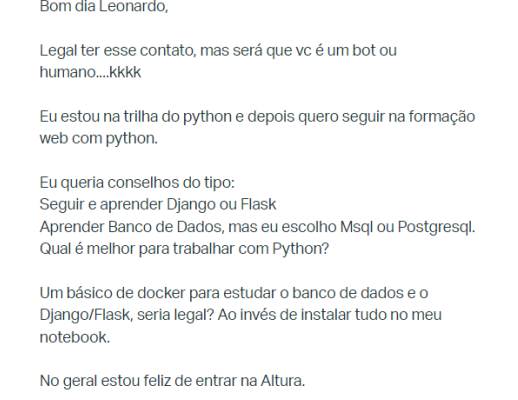 Print de um e-mail. Nele, o usuário questiona se o atendimento é feito por um chatbot ou um humano, e pede dicas de carreira.