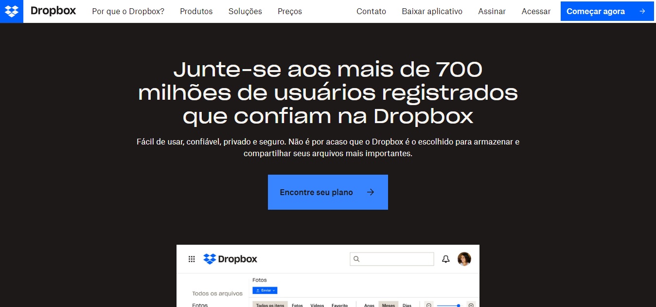 Imagem da página inicial do site da ferramenta Dropbox.