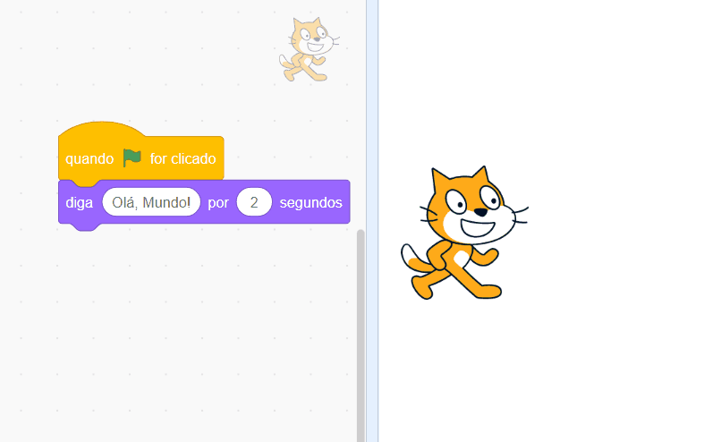 Ao lado direito a animação mostra dois blocos de código do Scratch. O primeiro é o “quando a bandeirinha for clicada” e o segundo é o “diga - Olá, Mundo! - por - 2 - segundos” sendo executados. Ao lado esquerdo há o gatinho do Scratch falando “Olá, Mundo!”.