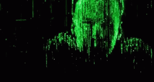 A animação mostra uma cena do filme Matrix. O contorno do personagem Neo, um homem branco com cabelos escuros e curtos, está como várias linhas de código e no instante em que coloca os óculos escuros sua imagem se transforma em real.