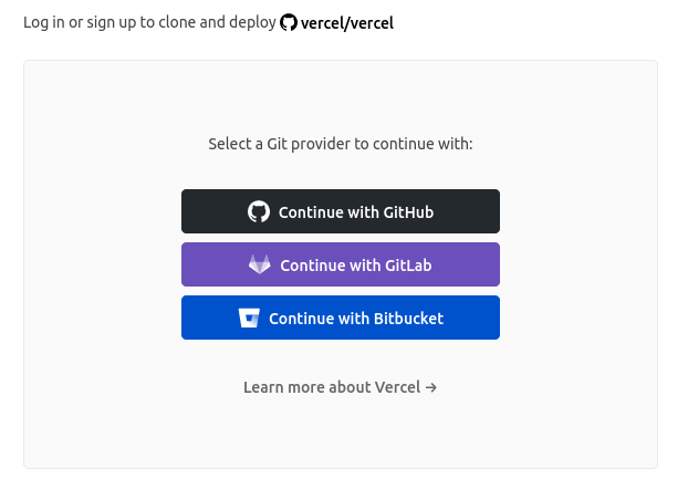 Captura de tela do link do projeto requisitando a autenticação em um dos três serviços: GitHub, GitLab e Bitbucket