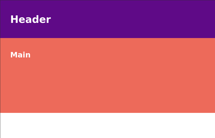 Página de um navegador web, no lado esquerdo está escrito Header, sobre um retângulo roxo, abaixo está escrito Main sobre um grande retângulo vermelho.