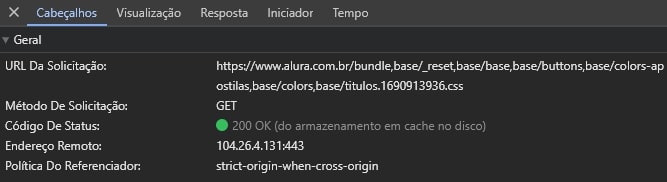 Imagem da sessão “Cabeçalhos”, com as informações “URL Da Solicitação”, “Método de solicitação”, “Código de Status”, “Endereço Remoto” e “Política do Referenciador”