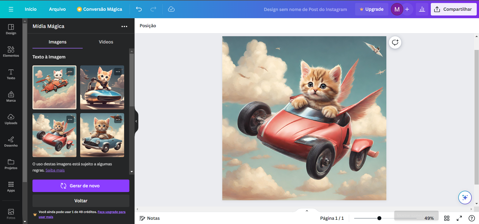 Printscreen do Canva após a IA deles gerar uma imagem de um gatinho dirigindo um carro voador.